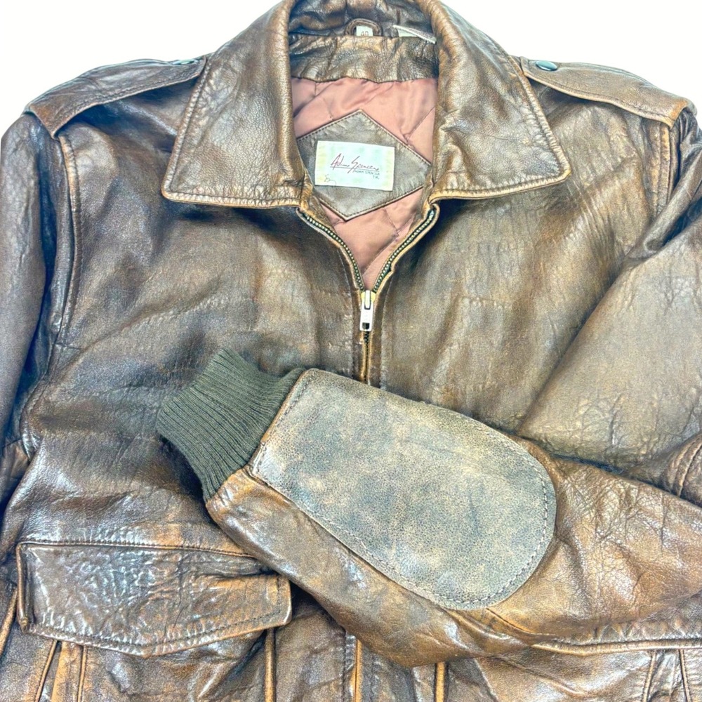 Vintage Leather Bomber Jacket Brown Distressed Aviator Flight 80s Adam Spencer M - Picture 3 of 16